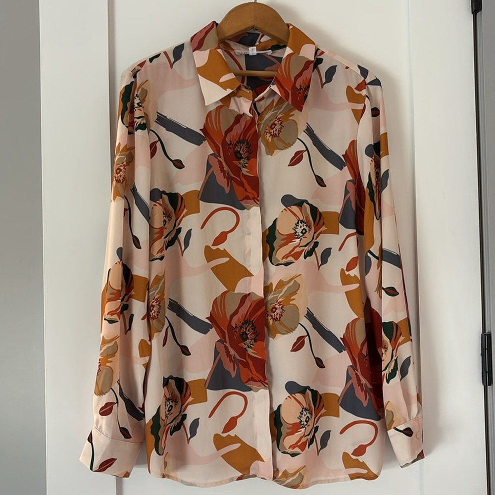 CLEO Floral Print Women's Top relaxed fit crepe blouse button up cream brown XL - Picture 3 of 14
